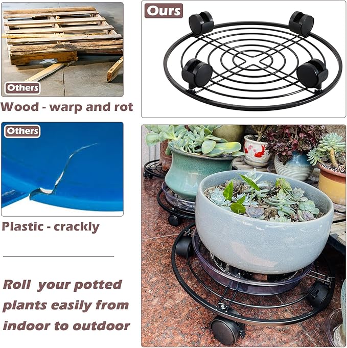 3 Packs 13.5" Metal Plant Caddy with Wheels Large Rolling Plant Stands Indoor Wheeled Plant Dolly Heavy-duty Planter Mover Roller Base Outdoor Plant Trolley Cart Water-proof, Plant Saucers on Wheels