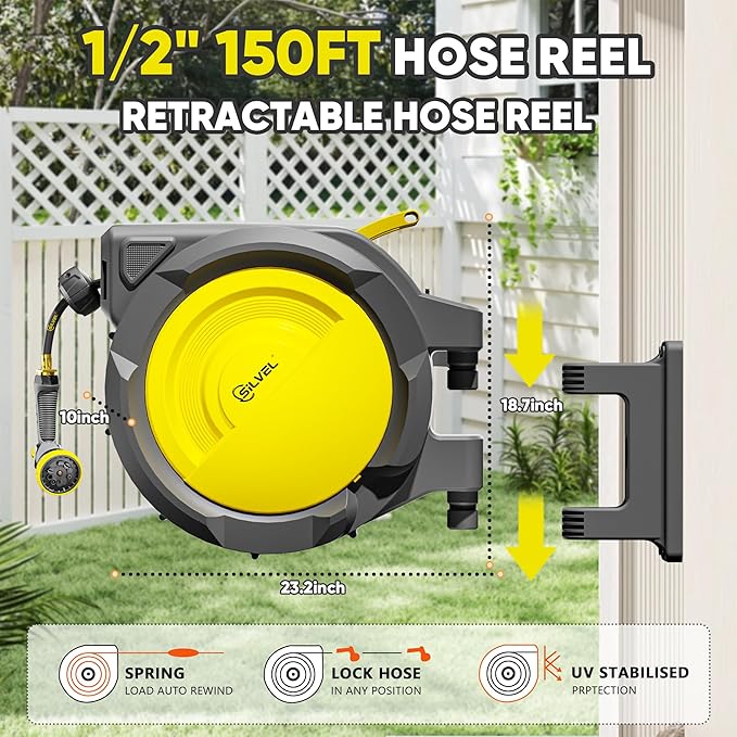 SILVEL Retractable Garden Hose Reel – 1/2 in x 150FT Heavy Duty Automatic Hose Reel Wall Mounted, UV Resistant with 10 Pattern Nozzle, Any Length Lock & Slow Return System, 180°Swivel Bracket, Yellow