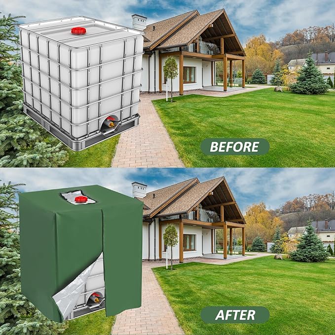 MECCANIXITY Zipper IBC Tote Cover 275 Gallon, 210D Oxford Waterproof Sunshade Rain Barrel Water Tank Protective Cover for 1000L Outdoor Garden, (39.37 x 47.24 x 45.66 Inch, Green)