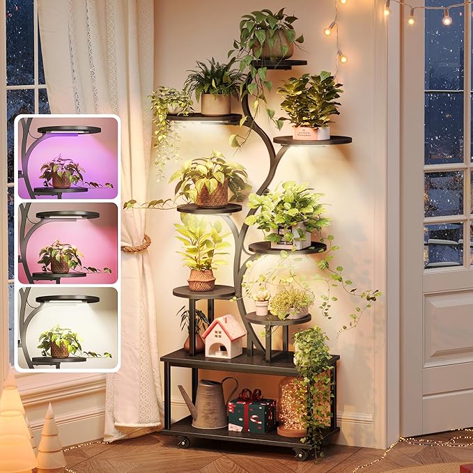 PRAISUN 63.6 Inch Plant Stand with Grow Lights, 9 Tiered Indoor Plant Shelf with Larger Flower Holder, Curved-tubed Design, 3 Light Modes, Movable Wheels, Corner Plant Rack for Living Room, Black