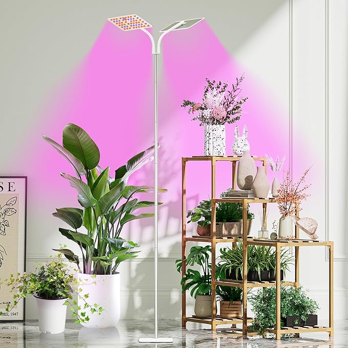 KINGPLUS Grow Lights with Stand, Double Head, Full Spectrum LED Grow Light for Indoor Plants, 240 Leds, 4 Dimmable Levels, Timer 4/8/12h, 12-60inches Height Adjustable, 36w, Ideal for Desk Small Plant