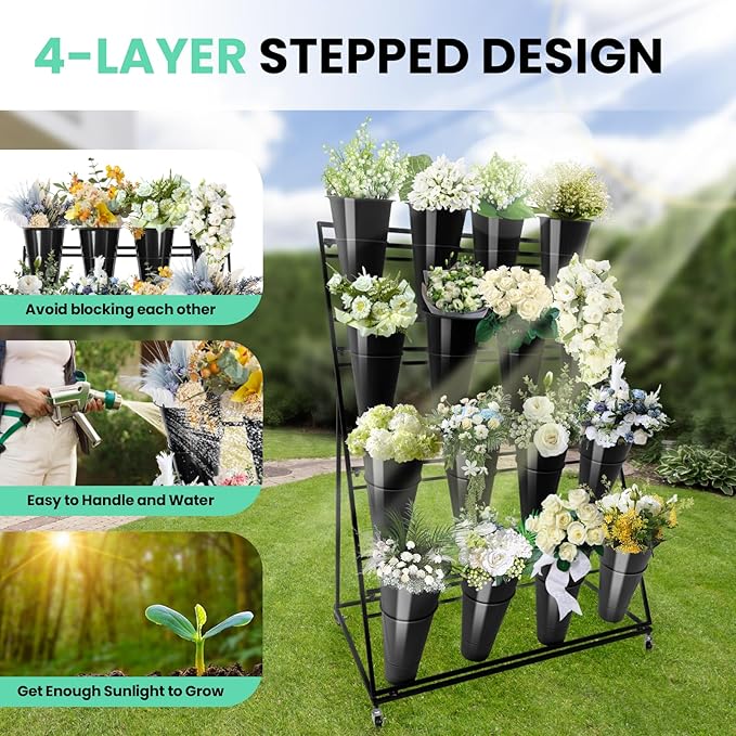 Flower Display Stand with Buckets, 4 Layers 16PCS Buckets Metal Flower Cart Display Stand with Wheels, for Patio Garden, Living Room (4 Layers Black Round Bucket)