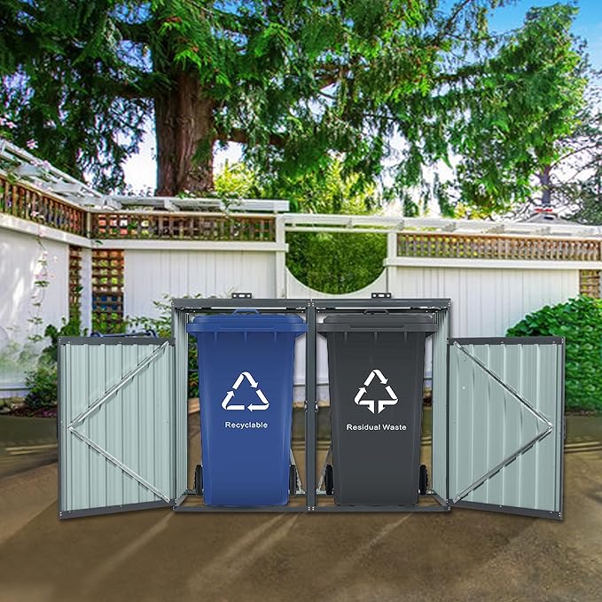 Garbage Bin Storage Shed for 2 Trash Cans Outdoor Metal Enclosure Charcoal Galvanized Steel Garbage Can Holder Hide Utility Bin Shelter Garden Yard