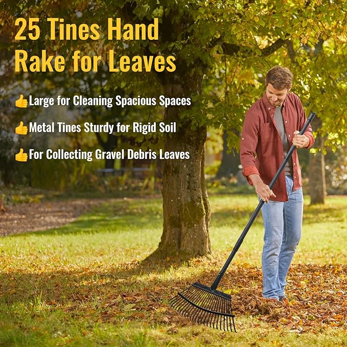 Garden Rake for Leaves, 25 Tines Heavy Duty Metal Yard Rake with 64 inch Adjustable Handle, Ideal Leaf Rakes for Gardening, Dethatching, Thatching, Gathering Shrub, Grass, Debris, Rocks
