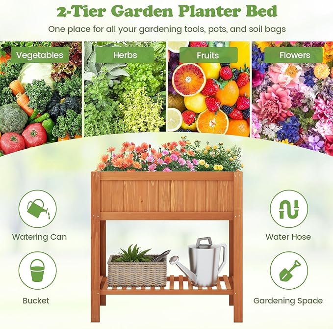 2-Tier Elevated Garden Planter Bed, Fir Raised Garden Bed Outdoor with Legs & Storage Shelf for Vegetables, Flowers & Herbs, Wooden Planter Box Raised Bed for Gardening, Balcony & Porch