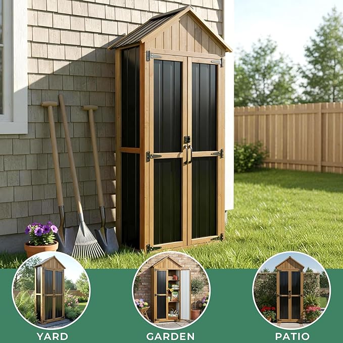 Outdoor Storage Cabinet with Shelf, Wood & Metal Storage Shed with Lockable Doors & Sloping Roof, Outdoor Cabinets for Patio Backyard, Garden Shed Tool Shed and Accessories, Brown