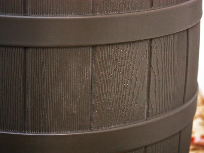 Good Ideas Rain Wizard Water Collection Plastic Barrel, Oak, 50 Gallon - Linkable Flat-Back Faux Wood Rainwater Catcher Storage Drum w/ Robust Metal Spigot & Fine Mesh Screen