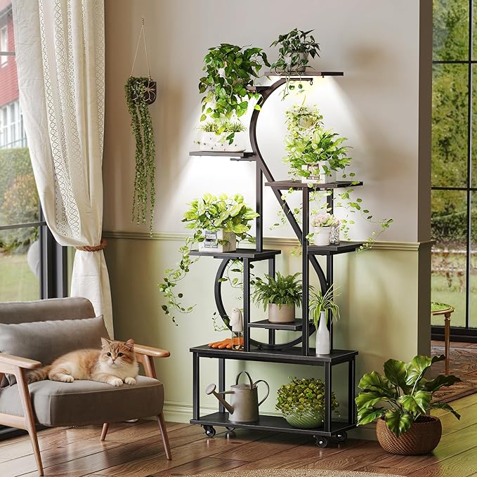 PRAISUN 65 Inch Plant Stand with Grow Light, 9 Tiered Indoor Plant Shelf with Larger Flower Holder, Music Note-shaped Stand with Top Ring Hook , Corner Plant Rack for Living Room, Black