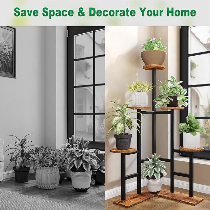 IBUYKE 6 Tier Plant Stand Indoor, Tall Flower Pot Stand for Multiple Plants, Tiered Corner Plant Shelf for Living Room Patio Balcony Garden, Rustic Brown TMJ072H