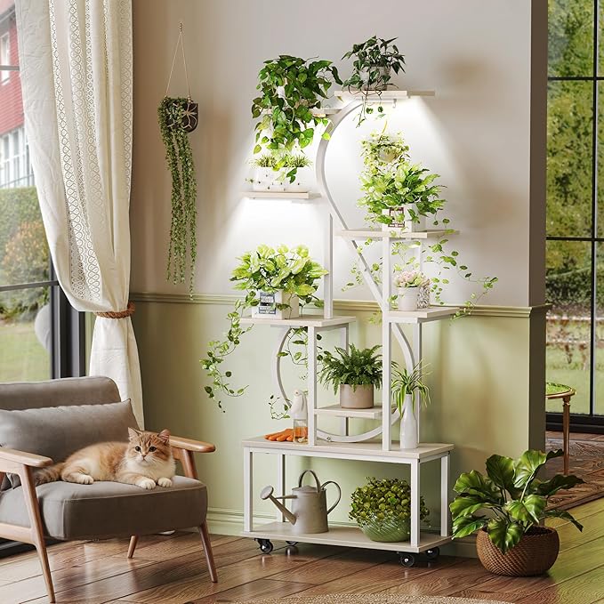 PRAISUN 65 Inch Plant Stand with Grow Light, 9 Tiered Indoor Plant Shelf with Larger Flower Holder, Music Note-shaped Stand with Top Ring Hook , Corner Plant Rack for Living Room, White