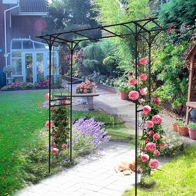 Metal Garden Arch, Assembly Garden Arbor,Trellis Climbing Plants Support, Rose Outdoor Arch,Wedding Arch Party Events Archway (Black, W20.47'' x H81.1)