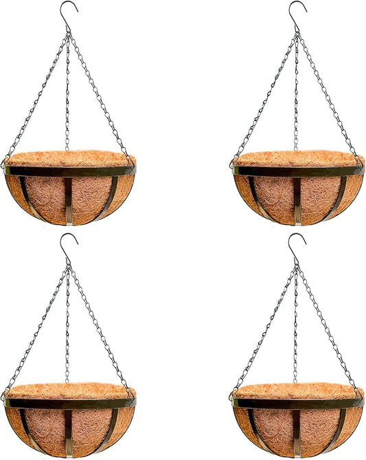 LaLaGreen Outdoor Hanging Baskets for Plants (4 Pack, 16 Inch) Black Large Hanging Planter with Coco Liner, Flat Iron Plant Pot Metal Flower Pots Deck Patio Porch Garden Balcony Outside Decoration