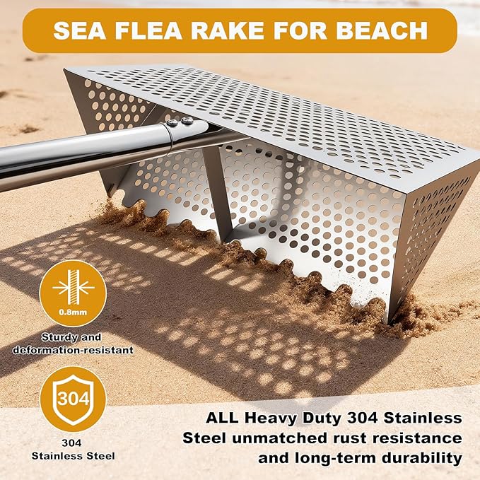 Sea Flea Rake for Beach - Premium 304 Stainless Steel Sand Crab Catcher, Beach Sifter 52’’ Long Handle w Ergonomic Curved Design, Large Basket w Curved Teeth, Sand Sifter for Shark Teeth, Shells