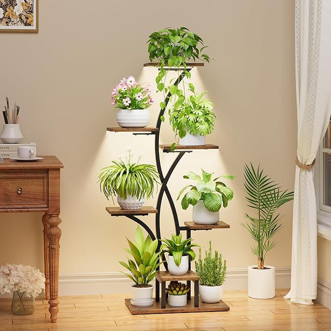 Plant Stand Indoor with Grow Lights - 47" Corner Plant Stands for Indoor Plants, 7 Tiered Plant Shelf for Multiple Plants, Metal Flower Display Holder, Flower-Shaped Plant Rack for Living Room, Patio