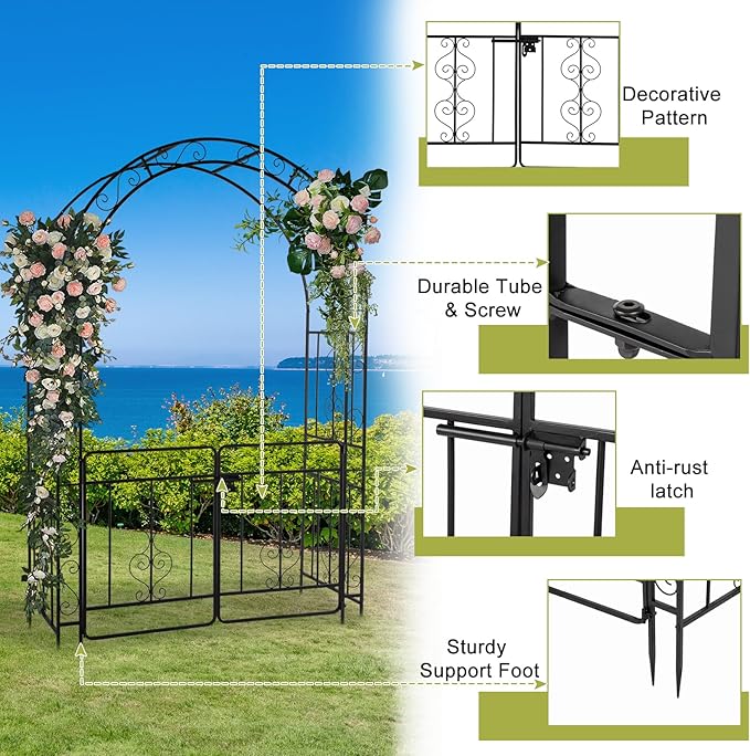 Garden Arbor with Gate, 7FT Wedding Arches for Ceremony, Metal Garden Arch for Climbing Plants Outdoor, Black Garden Archway for Lawn, Patio and Backyard, Includes Ground Stakes