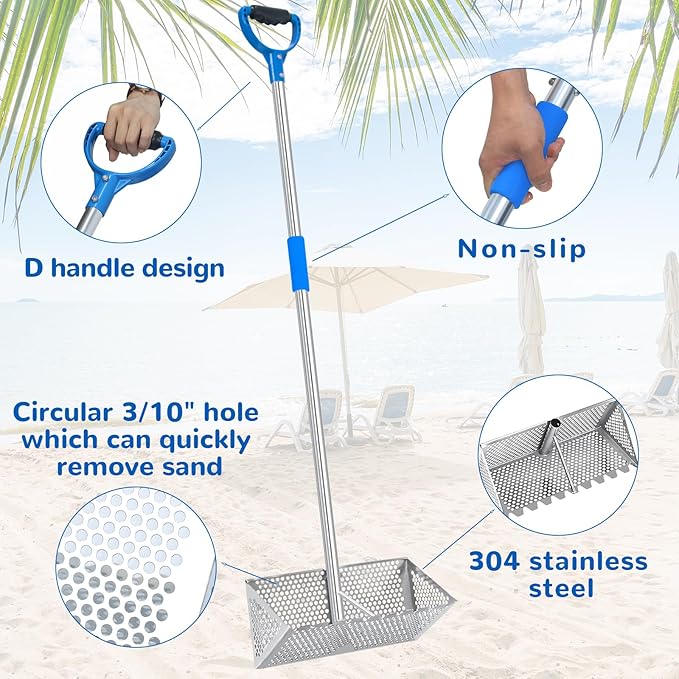 Beach Sand Sifter, 304 Stainless Steel, Detachable 60 Inches Long Handle, 16'' Basket with Sharp Teeth. Includes D-Handle Grip, Small Shovels, Sifter and Bucket
