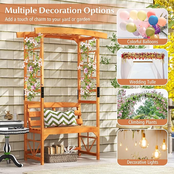 Giantex Garden Arbor with Bench - Wooden Garden Arch Trellis for Climbing Plants Vines, 2-Person Outdoor Bench, 48''W x 75''H Patio Archway for Lawn Wedding Party Ceremony Backyard Decor