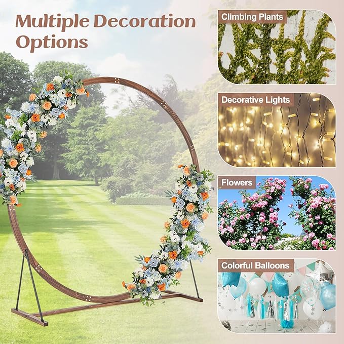 S AFSTAR 7.4FT Round Wedding Arch Wooden, Flower Balloon Arch Stand W/Triangular-Shaped Base, 4 U-Shaped Stakes, Indoor Outdoor Boho Decor Round Arch Backdrop Stand for Wedding Ceremony Party
