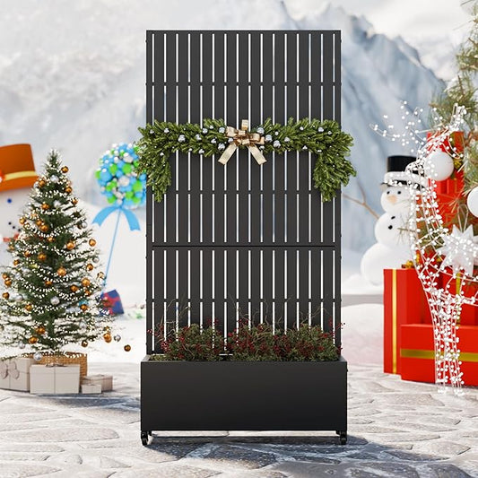 Casaphoria Metal Raised Garden Bed with Trellis and Wheels, 72"x35"x16" Planter Box for Climbing Plants, Vegetables & Vines, Features Drainage Holes and Privacy Screen (Black-Fence)