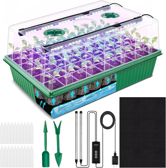 Seed Starter Tray, 60-Cell Self-Watering Seed Starter Kit with Grow Light and 4.07” Humidity Dome, Indoor Plant Starter Trays for Seed Germination & Gardening Supplies