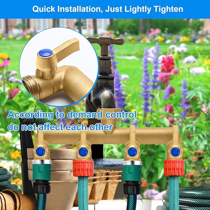 Brass Garden Hose Splitter, 4 Way Hose Splitter, Outdoor Hose Splitter, GHT 3/4 in. Female Inlet and 3 Way 3/4 in. Male Outlet for Regulating and Shutting Off Water Flow