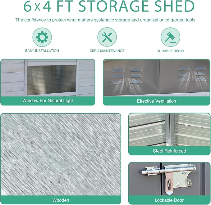 6x4 FT Outdoor Wood Storage Shed, Garden Tool Shed with Windows, Outside Storage Shed Waterproof for Backyard, Garden, Patio, 4 Vents (Without Floor) Gray