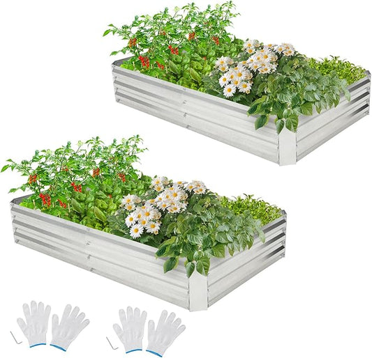 Giantex 2 Pcs Galvanized Raised Garden Bed, 6x3x1ft Large Metal Planter Box with Gloves, Outdoor Bottomless Planter Raised Bed Kit for Vegetables Flowers, Herbs, Fruits, Silver