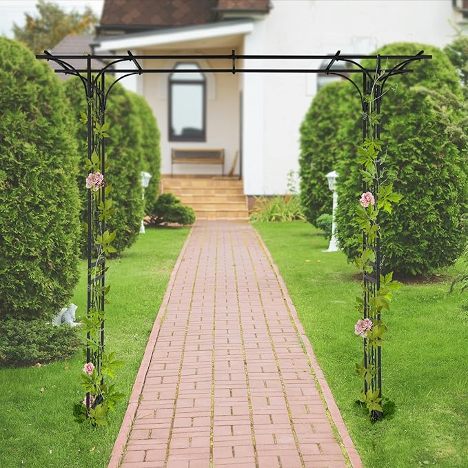 Metal Garden Arbor Trellis with Side Garden Trellis, 7FT Heavy Duty Arch Archway for Wedding, Backyard & Vine Plants - Rust-Resistant Powder-Coated Steel, Easy Assembly