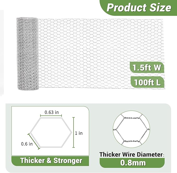 Chicken Wire Fencing Mesh, Galvanized Hexagonal Floral Chicken Wire, Outdoor Anti-Rust Chicken Wire Poultry Netting for Garden Fence (1.5 ft x 100 ft, Hot-Dipped)