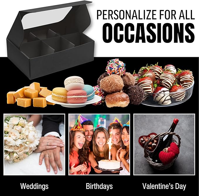 25 pcs Black Mini Truffle Box for 6 treats with Window and Dividers, Bakery Boxes, 5 x 3.5 x 1.57 Inches VERY SMALL Baking Boxes, Square Truffles Box Decorating Supplies for Gift Giving