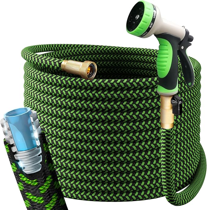 PowerFlow Garden Hose, NON-EXPANDABLE 25 Feet Premium Quality Stainless Steel Metal Water Hose with Durable Fabric Skin, Hose For Commercial, Residential Use, Bonus 10-way Spray Nozzle (25 Ft, Green)