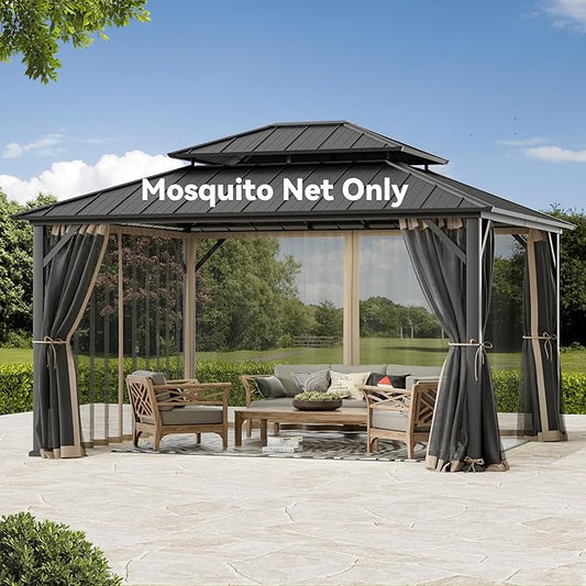 Gazebo Mosquito Netting Replacement Universal 4-Panel Sidewalls 12' x 14', Outdoor Gazebo Mosquito Nettings with Double Zipper, Replacement for Patio Canopy, Garden (Mosquito Net Only)