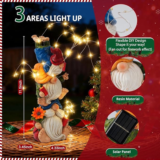 Christmas Gnomes Decorations for Yard, Triple Stacked with Firework Lights, Solar Garden Gnome Outdoor Decor Statue for Patio Lawn, Christmas Birthday Gift for Mom Grandma (11.5in)