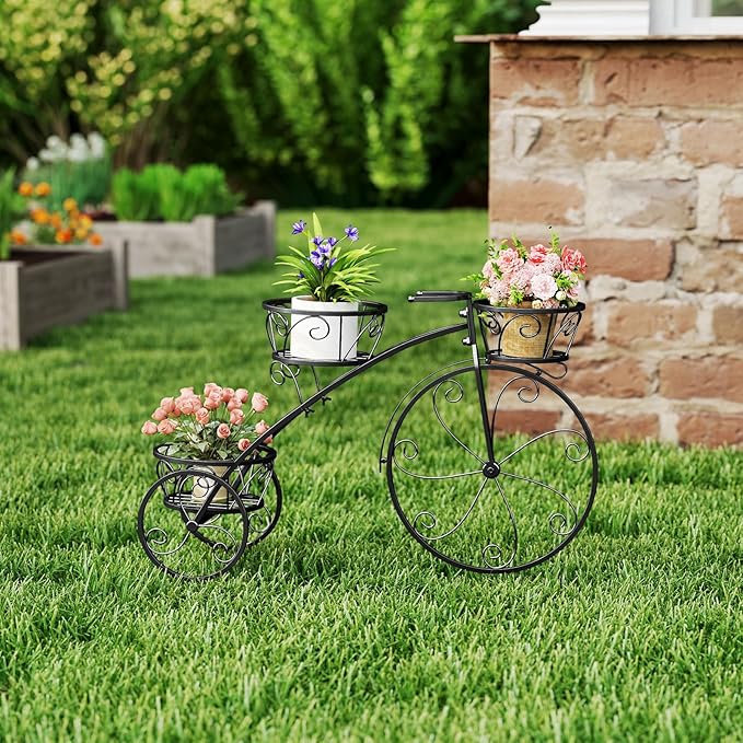 Tricycle Plant Stand, 3-Tier Metal Plant Stand Bicycle Flower Pot Cart with Hollowed Baskets, Planter Potted Holder for Patio, Garden, Deck, Lawn (Black)