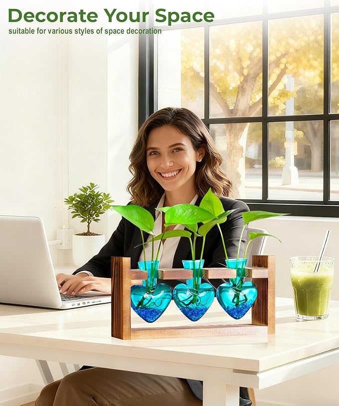 Nacome Plant Terrarium Propagation Stations: Christmas Gifts for Plant Lovers Women Mom Wife - Wooden Stand Tabletop Planter 3 Bulb Glass Vase Heart Shaped for Hydroponics Indoor Home Office Decor