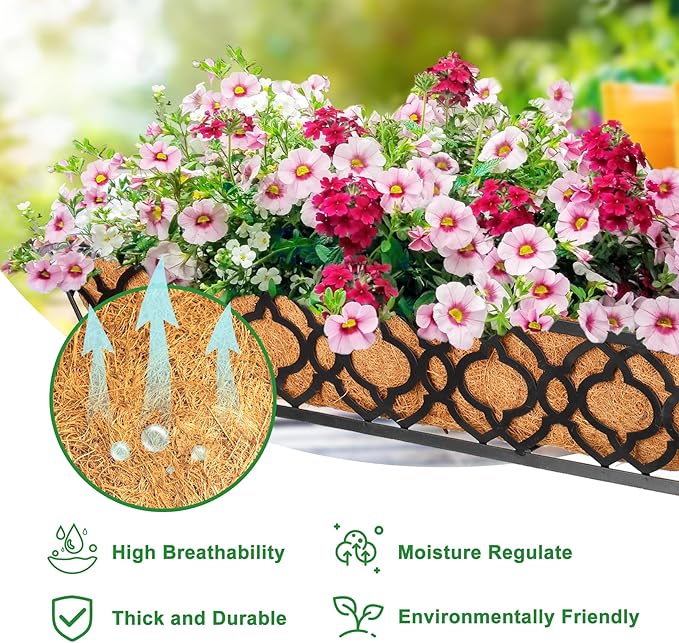 Y&M 6pcs 24 Inch Window Deck with Coco Liner, Fence Metal Hanging Flower Planter Window Basket Deck Railing Planter Boxes for Outdoor Garden Lawn