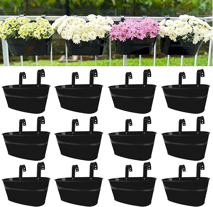 LaLaGreen Outdoor Plants Rail Planter (11.2 Inch, 12 Pack) Black Metal Iron Hanging Flower Pots Deck Railings Fence Buckets Modern Boho Style Wall Mount Window Box Plant Holder Hooks Porch Home Decor