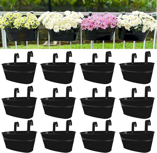 LaLaGreen Outdoor Plants Rail Planter (11.2 Inch, 12 Pack) Black Metal Iron Hanging Flower Pots Deck Railings Fence Buckets Modern Boho Style Wall Mount Window Box Plant Holder Hooks Porch Home Decor