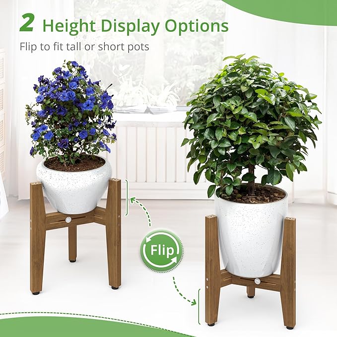 LUE BONA 2 Pack HDPS Plant Stand, Adjustable Plant Stand Indoor for 8-12 Inches Pots, Mid Century Modern Plant Holder for Indoor, Outdoor, Teak Finish