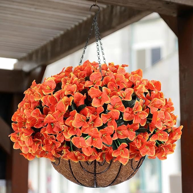 Artificial Faux Hanging Flowers Plants Baskets for Outdoors Spring Decoration, Fake Silk Bougainvillea Flowers in Planter Look Real UV Resistant Faux Flower for Outside Porch Patio Garden Yard Home