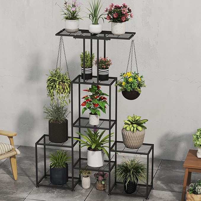 Plant Stand Indoor Outdoor, Metal 6 Tier Tall Hanging Plant Shelf for Multiple Flower Planter Large Heavy Duty Ladder Plant Holder for Garden, Black (y-202)