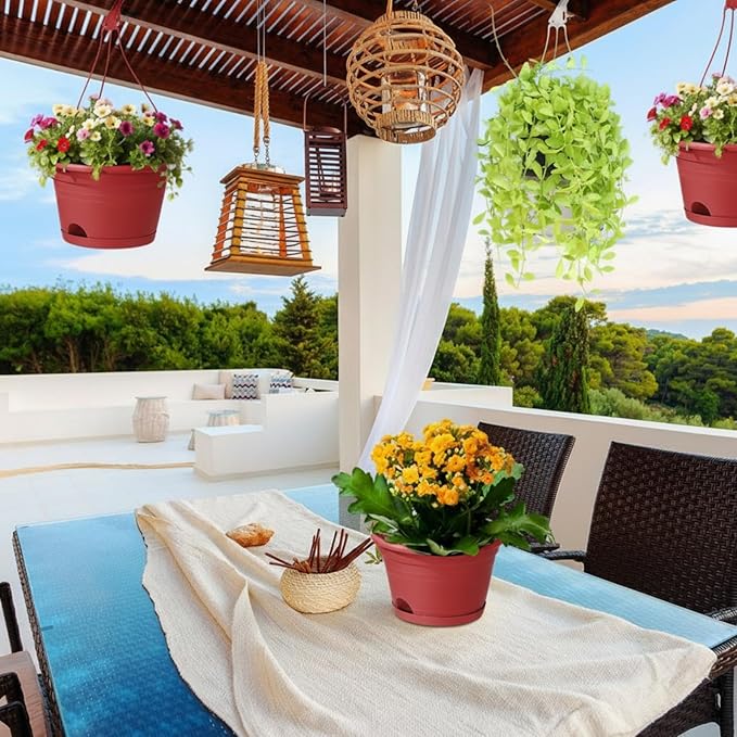 Roshtia 20 Pcs 10 Inch Hanging Baskets for Plants Large Plastic Hanging Basket Pots with Drainage Trays Self Watering Planter Pots for Outdoor Indoor Plants Flowers Garden Balcony (Brown)