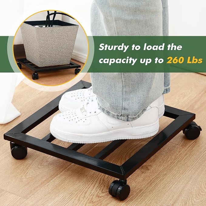 2 Packs 16 inches Extra-Large Metal Plant Caddy with PU Wheels Square Planter Dolly Pot Mover Rollers Iron Rolling Wheeled Plant Stands Indoor Outdoor Plant Holder Coaster Trolley, Black