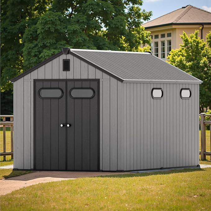 CRESTLIVE 8x12 FT Rust-Resistant Plastic Outdoor Storage Shed, Waterproof Resin Garden Shed with Floor, Doors, Skylight & Vent for Lawn Tools & Bikes