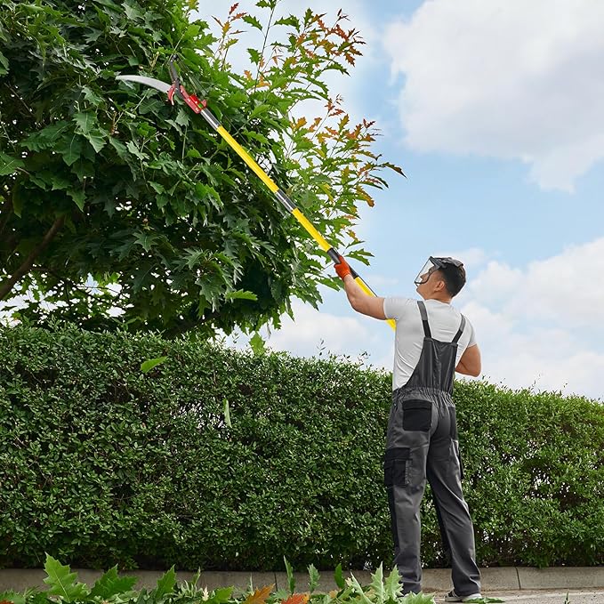Outvita Manual Pole Saw, 24 Feet Extendable Tree Pruner with Knives and Storage Pocket, Sharp Steel Blade and Scissors High Branches Trimming for Pruning Palms and Shrubs(Yellow)