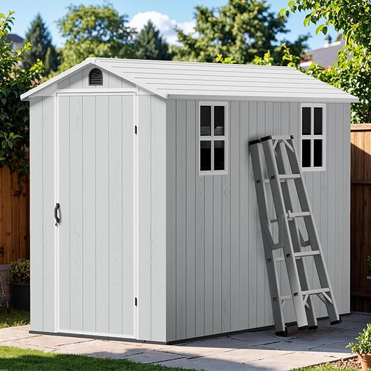 Greesum 4x8FT Plastic Storage Shed with Floor, Resin Outdoor Storaged Sheds with Lockable Door, All Weather Durable Tool Shed with Window and Vent, for Garden, Backyard, Patio, Light Gray