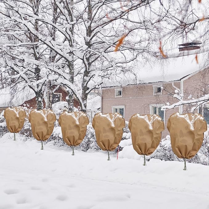 6 Pcs Winter Plant Covers Freeze Protection Reusable Plant Protector Bag with Drawstring Warm Shrubs Cover Frost Protection Planting Jacket Bags for Outdoor Garden, Brown (23.6 x 23.6 Inch)