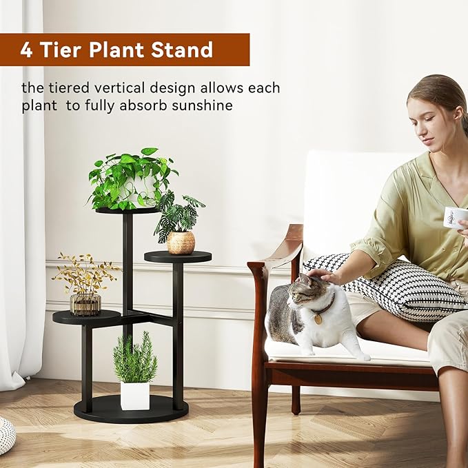IBUYKE 4 Tier Plant Stand Indoor, Metal Wood Plant Shelf for Multiple Plants, Small Tiered Corner Flower Pot Stand for Living Room Patio Balcony Garden, Black TMJ073B