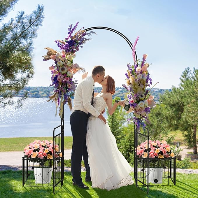 Moccha Garden Arch with Gate and Planter Boxes - 87" Metal Arbor Trellis for Climbing Plants Rose Vine, Heavy-Duty Archway Pergola, Garden Arbor for Wedding Ceremony Decoration Lawn Patio Bridal Party
