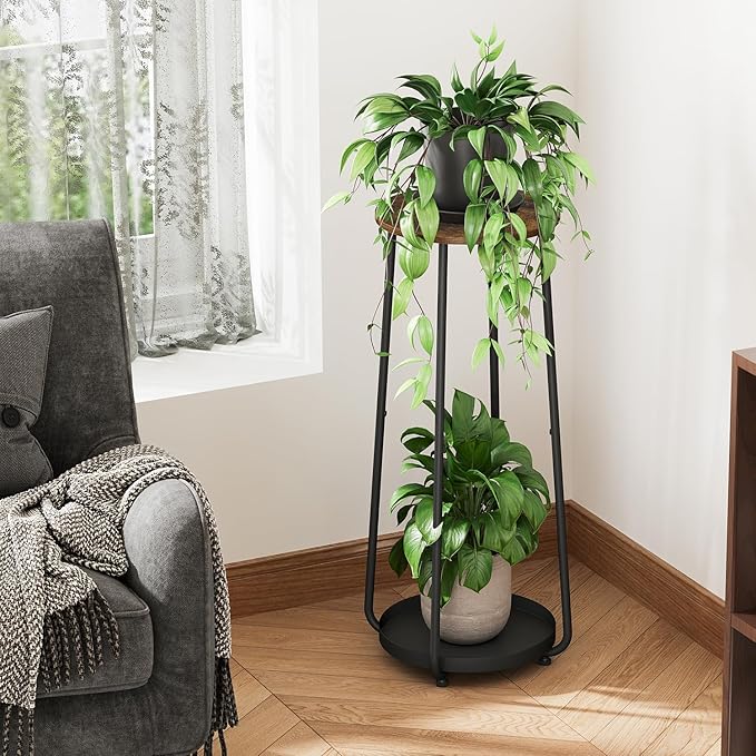 YINMIT Plant Stand Indoor, 2 Tier Wood Plant Stand, 30" Tall Vertical Flower Pot Stand, Round Corner Plant Shelf, Planter Pot Holder for Balcony Garden Patio Living Room